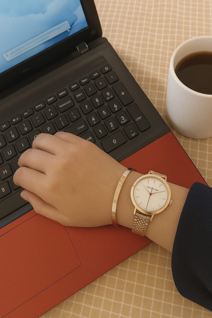 a women's hand on laptop keyboard