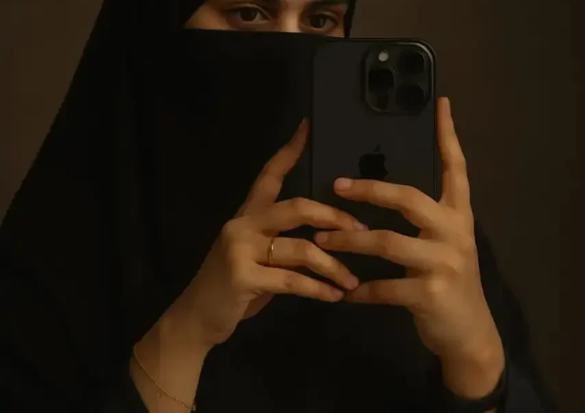 A lady wearing a black face mask and modest wear taking a mirror selfie with an iphone.